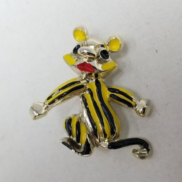 Vintage Black and Yellow Striped Enamel Animal Brooch, Ears Tail Mouse Bear - Picture 6 of 6